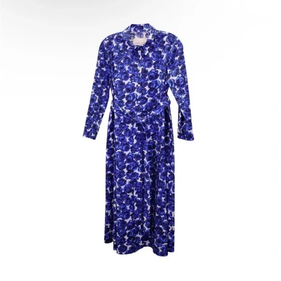 Carolina Herrera cotton Blue and White Floral Long Sleeve self-tie belt Dress - Picture 5 of 11